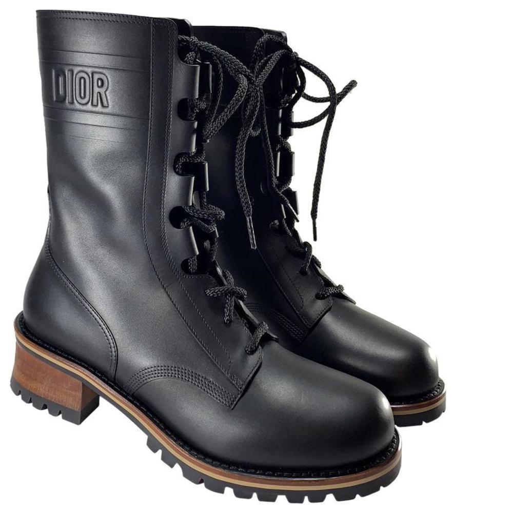 Dior 41 Quest Black Lace Up Military Combat Designer Logo Boots D661